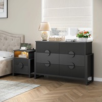 Table de chevet noire à nervures, table de nuit moderne avec station de charge et LED RVB, 2 tiroirs, rangement pour chambre à coucher, salon