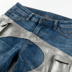 Jean droit femme Wangsheng en denim bleu délavé avec empiècements argentés et découpes, <span class=keywords><strong>pantalon</strong></span> cargo multi-poches style techwear futuriste - Product Image 5