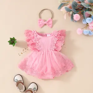 Wholesale Baby Girls Jumpsuit Ruffled Tulle Sleeveless Lace Flower Dress Romper And Headband For Baby