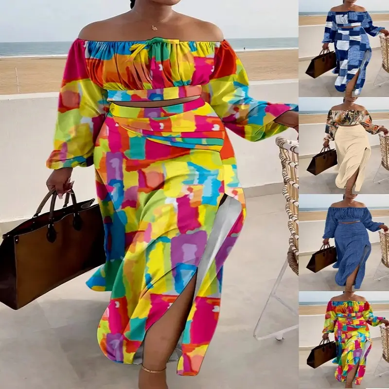 Productos más vendidos 2023 otoño moda mujer casual fuera del hombro hendidura vacaciones falda conjunto de dos piezas