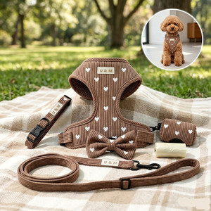 OEM Corduroy Embroidered Adjustable Dog Harness Set Custom Designer No Pull Dog Harness Personalized Luxury Pet Collar Leash Set