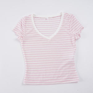 เสื้อยืดแขนสั้นคอวีลายทางสไตล์เกาหลีเรียบง่ายแฟชั่นอเนกประสงค์สำหรับผู้หญิงฤดูร้อนทรงเข้ารูปพอดีตัว - Product Image 6