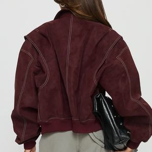 Veste en cuir rouge vintage à fermeture éclair pour femme, collection automne-hiver 2025, style décontracté, avec patchwork et revers, manches longues, manteau tendance OEM - Product Image 2