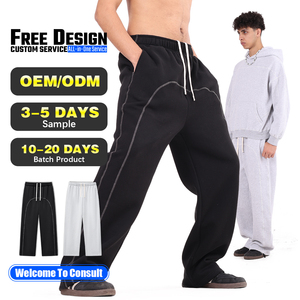 Men's 350GSM Fleece Wide Leg Pants 3-needle 5-thread Cover Stitch Design Casual <b>Drawstring</b> Contrast Color <b>Trousers</b> - Product Image 1