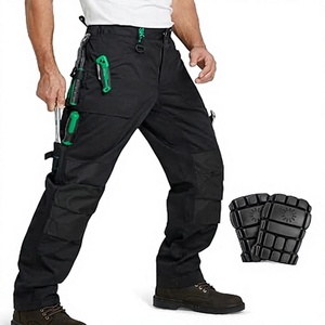 Men's <b>Black</b> <b>Work</b> <b>Pants</b> With Tool Pockets And Knee Pads Abrasion Resistant Polyester Cargo Trousers For Construction - Product Image 1