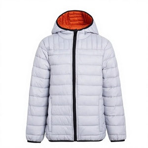 <b>Light</b> Gray Hooded <b>Puffer</b> <b>Jacket</b> With Orange Lining Zipper Closure Windproof Winter Wear Unisex Casual Style - Product Image 4