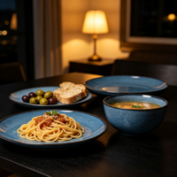 Service de table rond en grès EKA avec glaçure réactive bleue, bord foncé, style Wabi-sabi, vaisselle en céramique pour la maison et l'hôtellerie (assiettes et bols)