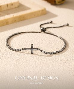 S925 Silver Black Rhodium Plated Cross <b>Bracelet</b> With Round Diamond Minimalist Everyday Wear Unisex Chain Link Jewelry - Product Image 6
