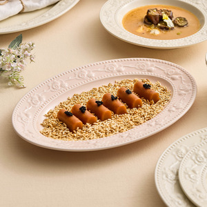 Kabartmalı Bitki Desenli Porselen Yemek Takımı Sır Altı Renkli Çevre Dostu Çağdaş Yaratıcı Değerli Sofra Takımı Kaseler Tabaklar - Product Image 3