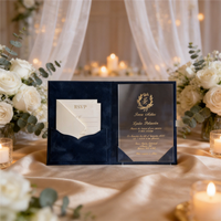 Set Undangan Pernikahan Folio Hardcover Beludru Biru Dongker Elegan dengan Emboss Foil Emas Personal dan Amplop Suite Akrilik