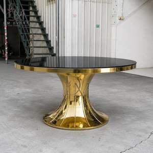 Table de banquet ronde en acier inoxydable doré avec piétement sablier et plateau en verre trempé miroir pour la vente en gros - Product Image 2