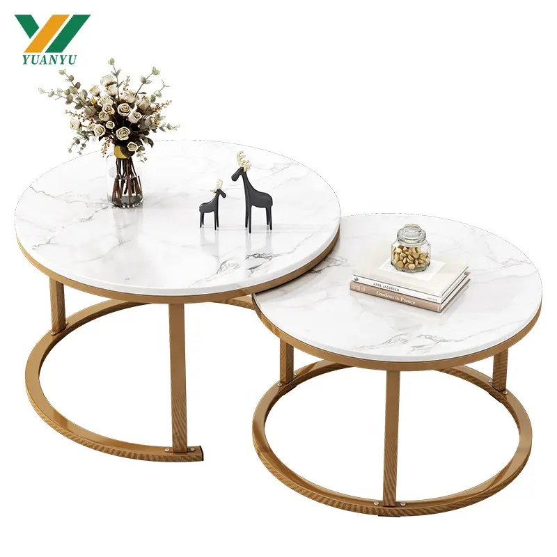 Nordic Luxury Modern Coffee Table Wood Top With Marble Texture Round Coffee Table Living Room Furniture Marble Coffee Table