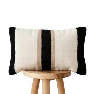 Striped Woven <b>Throw</b> Pillow Rectangle Minimalist Style Black Beige <b>White</b> Textile Decorative Cushion Washable - Product Image 1
