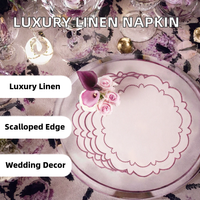 Ensemble de serviettes en lin de couleur unie avec couleurs/logos personnalisés, style nordique avec bordure brodée festonnée pour hôtel, mariage, ensemble de sets de table