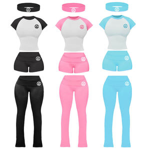 Frauen Yoga Set Tall Girl Friendly Custom Logo Stirnband Baumwoll hemd mit ausgestellten Hosen 2 Stück Frauen Lounge wear Sets - Product Image 1