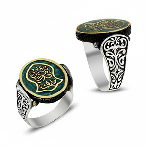 925K Sterling Silver Green Enamel Art Nalain Shareef <b>Men</b> <b>Ring</b> - Product Image 2