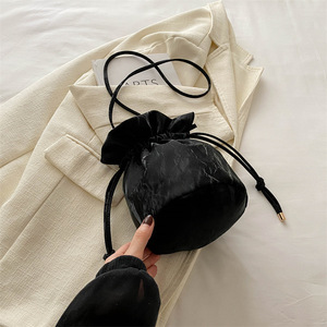 <b>Black</b> Velvet Drawstring Shoulder Bag Minimalist Style Single Strap Daily Use All Seasons - Product Image 1