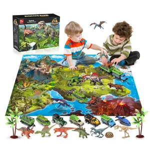 SunQ热卖32件1:64塑料恐龙玩具卡车带游戏垫批发3-5岁儿童聚氯乙烯汽车玩具恐龙玩具