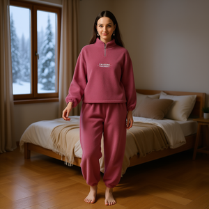 Pigiama in pile da donna Calicaina, set con maniche lunghe e cerniera frontale, tinta unita, morbido, invernale, casual, vestibilità ampia, lunghezza intera - Product Image 2