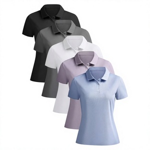 Chemises polo à manches courtes pour femmes, couleur unie, décontractées, tricotées, coupe régulière, bleu clair, blanc, gris, noir, violet - Product Image 3