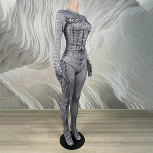 Body con Strass e Perline Argentate, <span class=keywords><strong>Tuta</strong></span> Intera da Donna, Costume Modellante a Maniche Lunghe per Pole Dance - Product Image 5