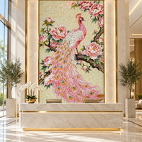 Dekorasi Dinding Mosaik Kaca Bunga Peony Merak Merah Muda Mewah untuk Kamar Mandi, Rumah, Lobi Hotel, Dekorasi Latar Belakang Interior