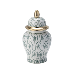 Vaso decorativo in ceramica con motivo a palme e bordo dorato per l'arredamento del soggiorno. - Product Image 1