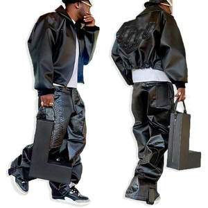 YSJY produttore Custom Streetwear tuta in <span class=keywords><strong>pelle</strong></span> due pezzi tuta tuta oversize completo <span class=keywords><strong>pantaloni</strong></span> e giacca da <span class=keywords><strong>uomo</strong></span> - Product Image 1