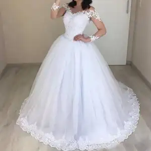 فساتين زفاف الأميرة Vestido De Noiva Manga Longa مشد برقبة مستديرة فستان زفاف فستان زفاف بأكمام