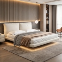 Lit double minimaliste italien en cuir flottant avec coussin double rembourré, lit simple et élégant pour chambre principale