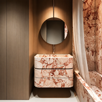 Meuble-lavabo mural moderne en marbre rose naturel avec vasque intégrée et plan de toilette en pierre