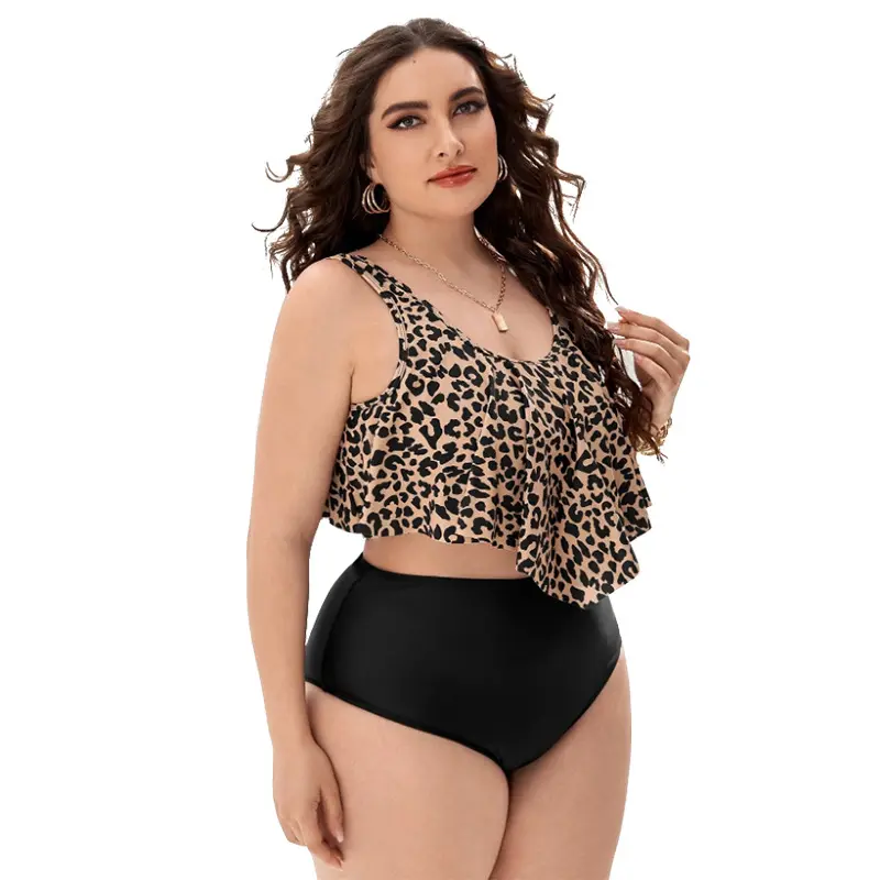OEM Baixo moq Mulheres Sexy Beachwear Praia Cover up leopardo impressão plissado borda mulheres tankini set