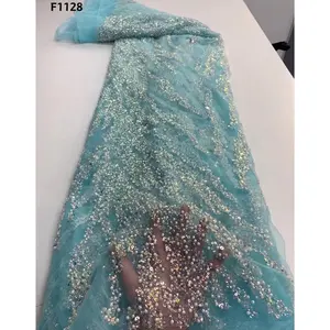 Mẫu Miễn Phí Lụa Thêu Cổ Điển Lưới Ren Châu Phi Với Hạt Và Sequins Có Sẵn 2022 Nigeria Thiết Kế Bên Cho Quần Áo