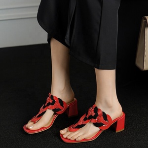 Large Size 47 Low Chunky Heels Women <b>Clip</b> Toe Slippers Dress on Thong Sandals Summer Braided Wide Fit Shoes - Product Image 2