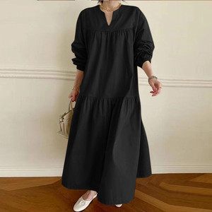 Vestido largo suelto de manga larga con cuello en V de algodón y lino retro de estilo chino - Product Image 3