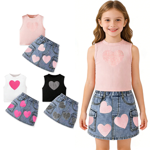 Ensemble <span class=keywords><strong>jupe</strong></span> en <span class=keywords><strong>jean</strong></span> pour petites filles, ensemble décontracté pour enfants avec un joli débardeur, tenue d'été pour bébé avec <span class=keywords><strong>jupe</strong></span> en <span class=keywords><strong>jean</strong></span> pour petites filles - Product Image 1