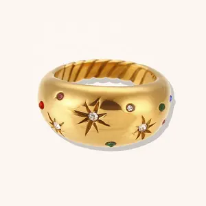 Dingran Hot Selling Chunky Colorful Zircon Rings 18k Gold Plated Stainless Steel Non Tarnish Jewelry