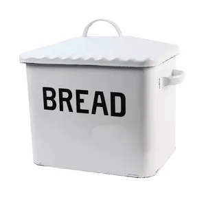 28cm logo personalizzato stampa cucina colore bianco conservazione degli alimenti finitura smaltata contenitore per pane in metallo con coperchio e maniglia
