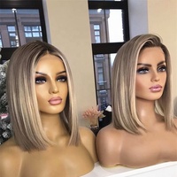 Peluca de Cabello Humano Corto Bob Ombre Rubio Ceniza Marrón, Peluca Completa de Encaje Pre-Arrancada con Línea de Cabello Natural, Pelucas de Encaje Transparente Sin Pegamento