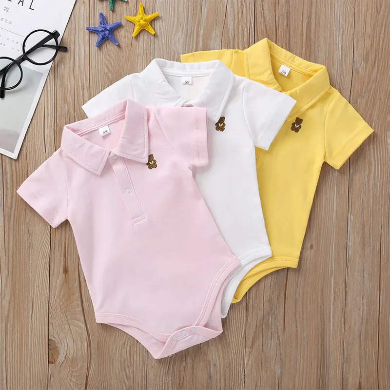 En gros d'été courtes polo chemise solide broderie ours en peluche nouveau-né bébé garçon enfant 100% coton bébé barboteuses pour bébés