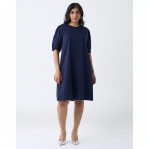 ชุดเดรสเอไลน์ผ้าฝ้ายสีกรมท่า - Product Image 1