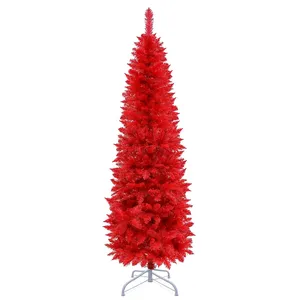 Red artificial Christmas Trees Xmas Full Tree for Indoor and Outdoor 6.5 Feet Slim Pencil Christmas Tree