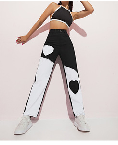 Pantalon droit en denim à deux tons avec patch en forme de cœur, en coton sergé, pour femmes, <span class=keywords><strong>taille</strong></span> <span class=keywords><strong>haute</strong></span>, pantalon déchiré, marque streetwear - Product Image 4