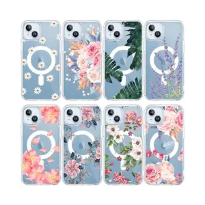 Clear Magnetic Custom Pattern Painted Flower Blossom Trendy PC TPU cover With Wireless Charging Phone Case for iPhone 15 Pro Max