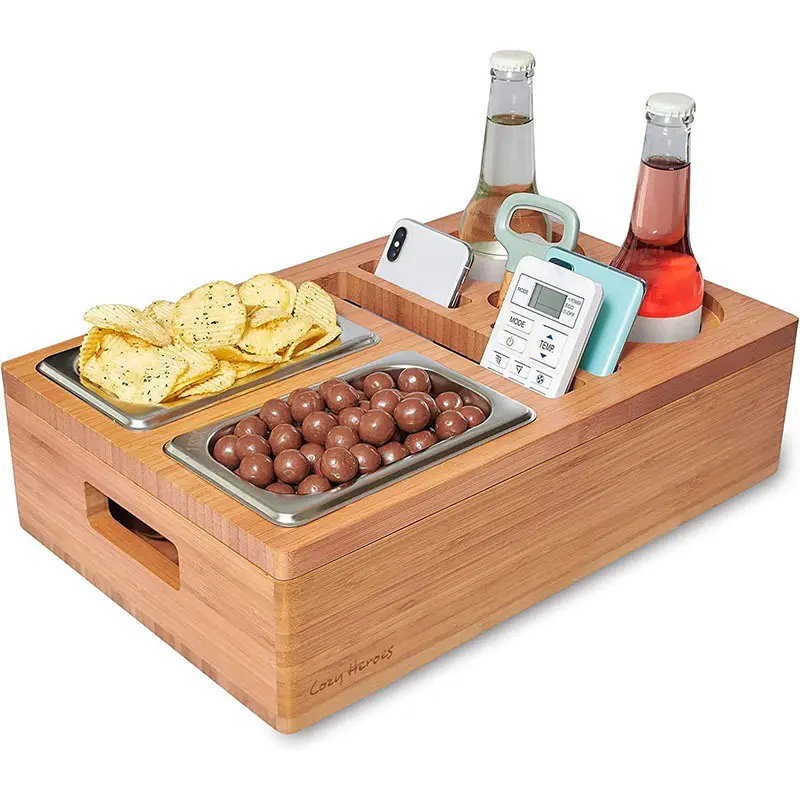 Soporte para bebidas y aperitivos al por mayor, sofá cama de madera sencillo, bandeja de almacenamiento para aperitivos, caja con ranuras para cerveza