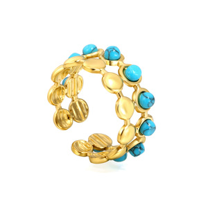 แหวนแฟชั่นประดับเทอร์ควอยซ์ชุบทองลายดอกไม้แบบเปิดปรับขนาดได้สำหรับผู้หญิง ชุดเครื่องประดับของขวัญ - Product Image 5