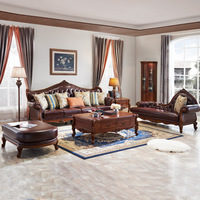 Combinaison de canapé américain Simple villa américaine salon ensemble complet de meubles en bois massif acajou cuir ensemble de canapé-lit