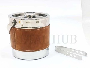 Cubo de Hielo de Acero Inoxidable Plateado Brillante de Primera Calidad con Asa de Cuero y Pinzas para Hielo, Enfriador de Vino de Doble Pared para Bar en Casa - Product Image 4