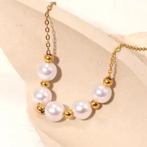 Fashion New Design Simple Style 18K Gold Stainless Steel Five Pearl Small Gold Bead Pearl Necklace