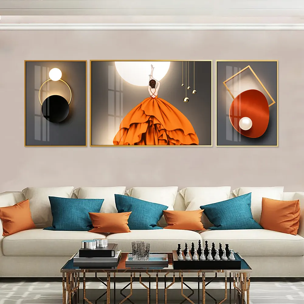 北欧3パネルクリスタル磁器絵画アート高精細高級スタイルフレーム付きホテル壁装飾用